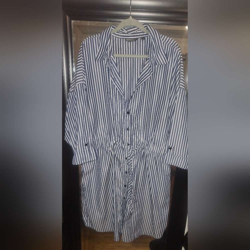 Mlle Gabrielle Navy and White Vertical Stripe Button-Down Shirt Dress